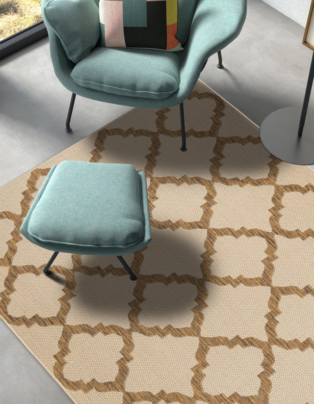Beige 5' 3 x 8' Outdoor Trellis Rectangle Area Rug Weather Resistant for Patio, Deck, Terrace, Balcony, Porch Geometric Design Water Safe Outside Carpet for Sale at Rug Engine