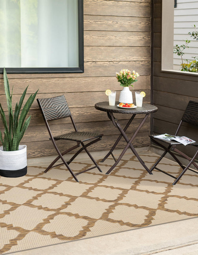 Beige 5' 3 x 8' Outdoor Trellis Rectangle Area Rug Weather Resistant for Patio, Deck, Terrace, Balcony, Porch Geometric Design Water Safe Outside Carpet for Sale at Rug Engine