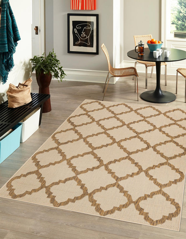 Beige 5' 3 x 8' Outdoor Trellis Rectangle Area Rug Weather Resistant for Patio, Deck, Terrace, Balcony, Porch Geometric Design Water Safe Outside Carpet for Sale at Rug Engine