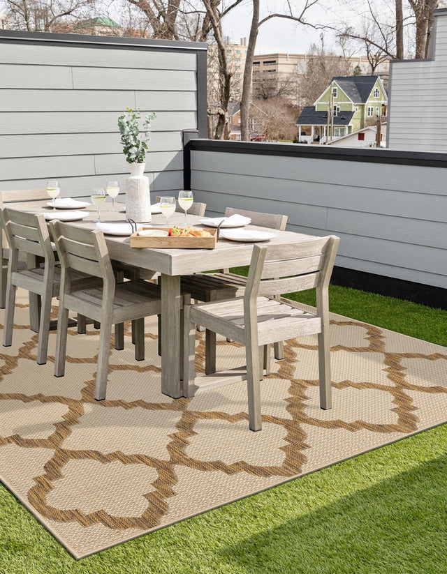 Beige 5' 3 x 8' Outdoor Trellis Rectangle Area Rug Weather Resistant for Patio, Deck, Terrace, Balcony, Porch Geometric Design Water Safe Outside Carpet for Sale at Rug Engine