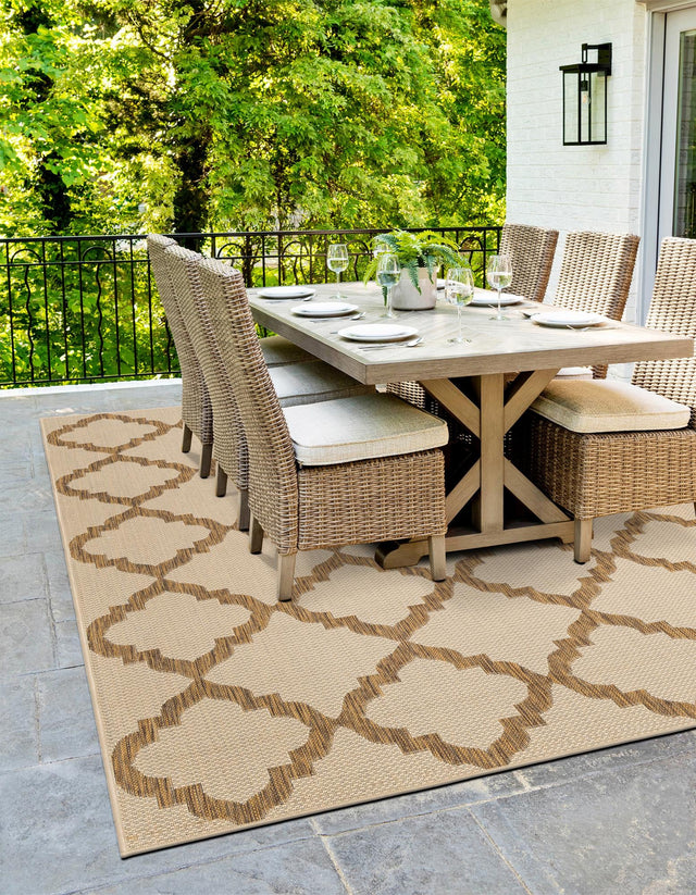 Beige 8' x 11' 4 Outdoor Trellis Rectangle Area Rug Weather Resistant for Patio, Deck, Terrace, Balcony, Porch Geometric Design Water Safe Outside Carpet for Sale at Rug Engine