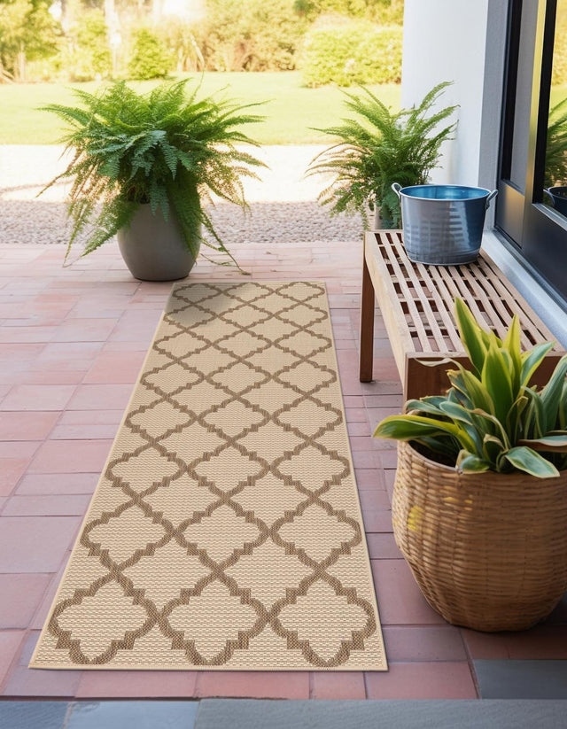 Beige 2' 2 x 6' 1 Outdoor Trellis Runner Area Rug Weather Resistant for Patio, Deck, Terrace, Balcony, Porch Geometric Design Water Safe Outside Carpet for Sale at Rug Engine