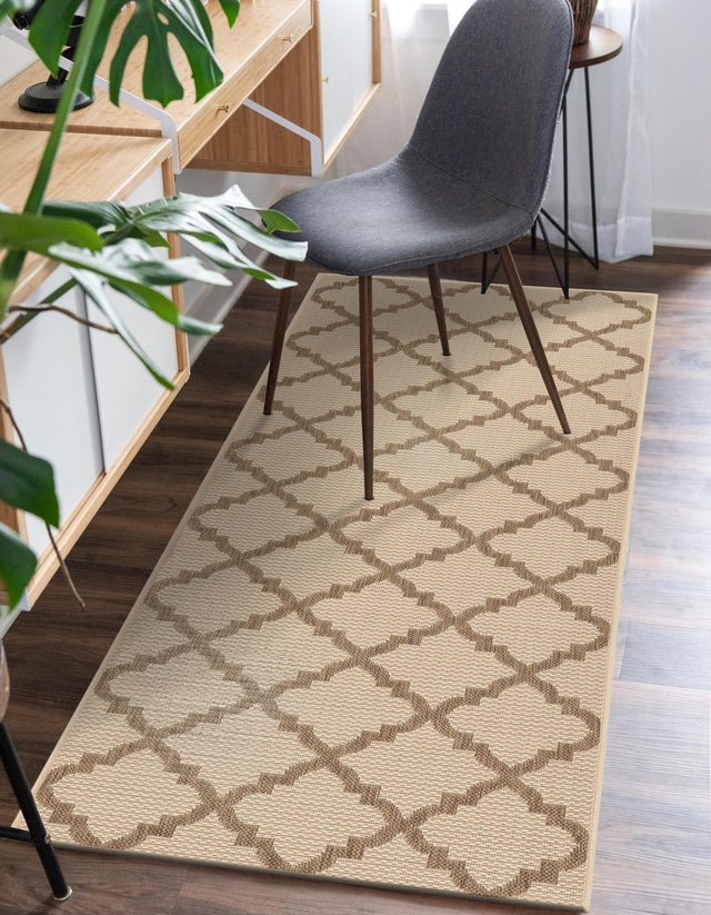 Beige 2' 2 x 6' 1 Outdoor Trellis Runner Area Rug Weather Resistant for Patio, Deck, Terrace, Balcony, Porch Geometric Design Water Safe Outside Carpet for Sale at Rug Engine