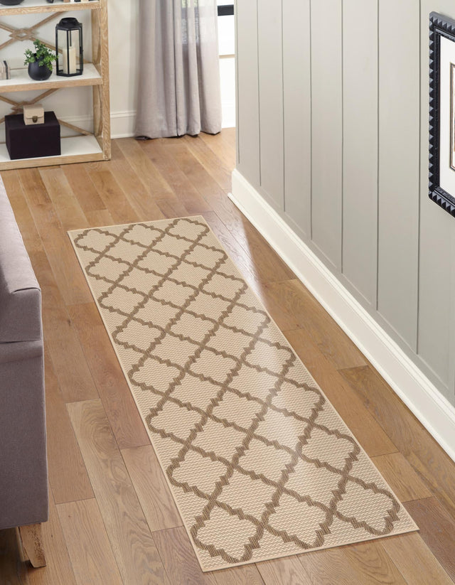 Beige 2' 2 x 6' 1 Outdoor Trellis Runner Area Rug Weather Resistant for Patio, Deck, Terrace, Balcony, Porch Geometric Design Water Safe Outside Carpet for Sale at Rug Engine