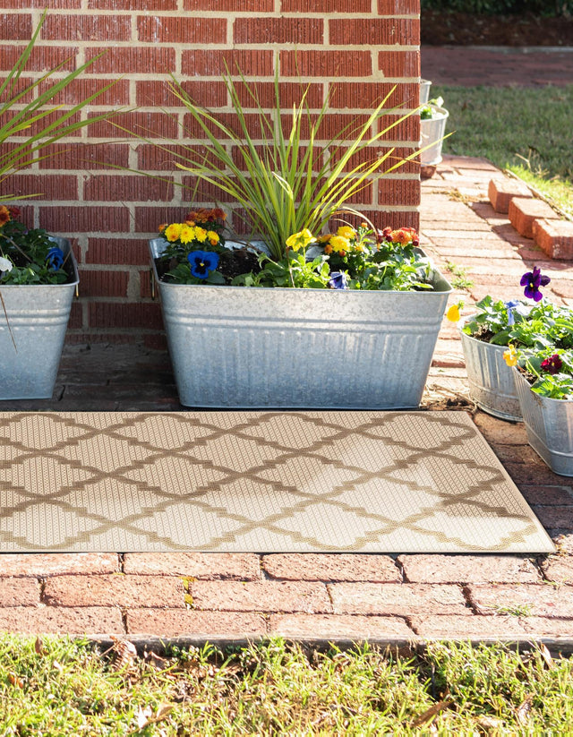 Beige 2' 2 x 6' 1 Outdoor Trellis Runner Area Rug Weather Resistant for Patio, Deck, Terrace, Balcony, Porch Geometric Design Water Safe Outside Carpet for Sale at Rug Engine