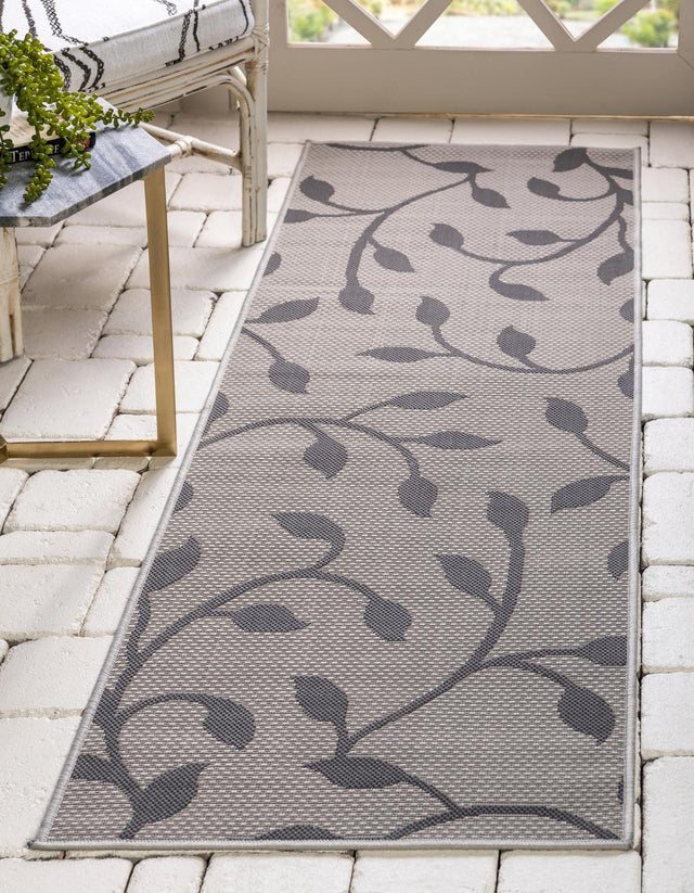 Gray 2' 2 x 6' 1 Outdoor Botanical Runner Area Rug Weather Resistant for Patio, Deck, Terrace, Balcony, Porch Polypropylene Garden Floral Tropical Carpet for Sale at Rug Engine
