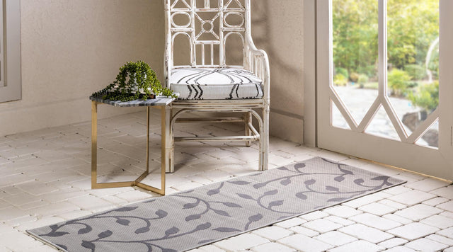 Gray 2' 2 x 6' 1 Outdoor Botanical Runner Area Rug Weather Resistant for Patio, Deck, Terrace, Balcony, Porch Polypropylene Garden Floral Tropical Carpet for Sale at Rug Engine