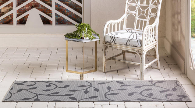 Gray 2' 2 x 6' 1 Outdoor Botanical Runner Area Rug Weather Resistant for Patio, Deck, Terrace, Balcony, Porch Polypropylene Garden Floral Tropical Carpet for Sale at Rug Engine