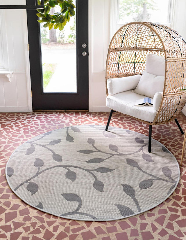 Gray 6' 1 x 6' 1 Outdoor Botanical Round Area Rug Weather Resistant for Patio, Deck, Terrace, Balcony, Porch Polypropylene Garden Floral Tropical Carpet for Sale at Rug Engine