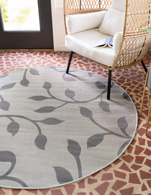 Gray 6' 1 x 6' 1 Outdoor Botanical Round Area Rug Weather Resistant for Patio, Deck, Terrace, Balcony, Porch Polypropylene Garden Floral Tropical Carpet for Sale at Rug Engine