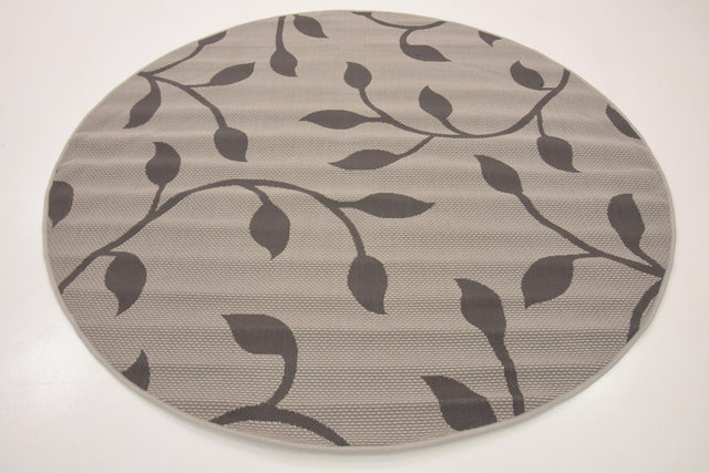 Gray 6' 1 x 6' 1 Outdoor Botanical Round Area Rug Weather Resistant for Patio, Deck, Terrace, Balcony, Porch Polypropylene Garden Floral Tropical Carpet for Sale at Rug Engine