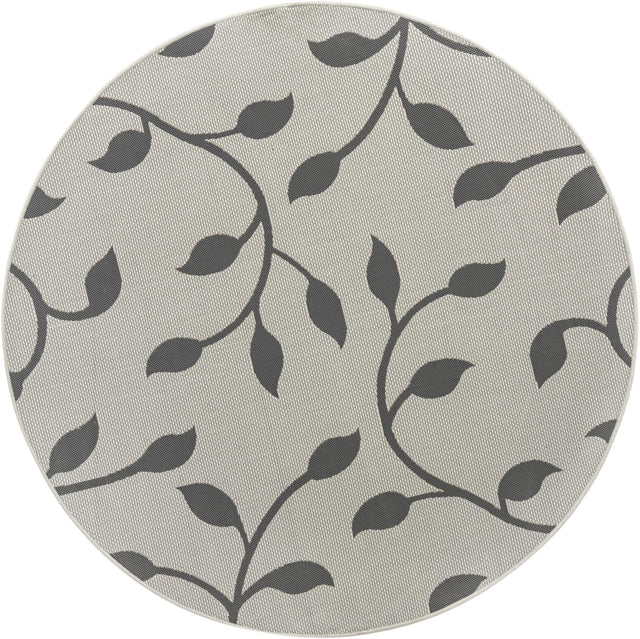 Gray 6' 1 x 6' 1 Outdoor Botanical Round Area Rug Weather Resistant for Patio, Deck, Terrace, Balcony, Porch Polypropylene Garden Floral Tropical Carpet for Sale at Rug Engine