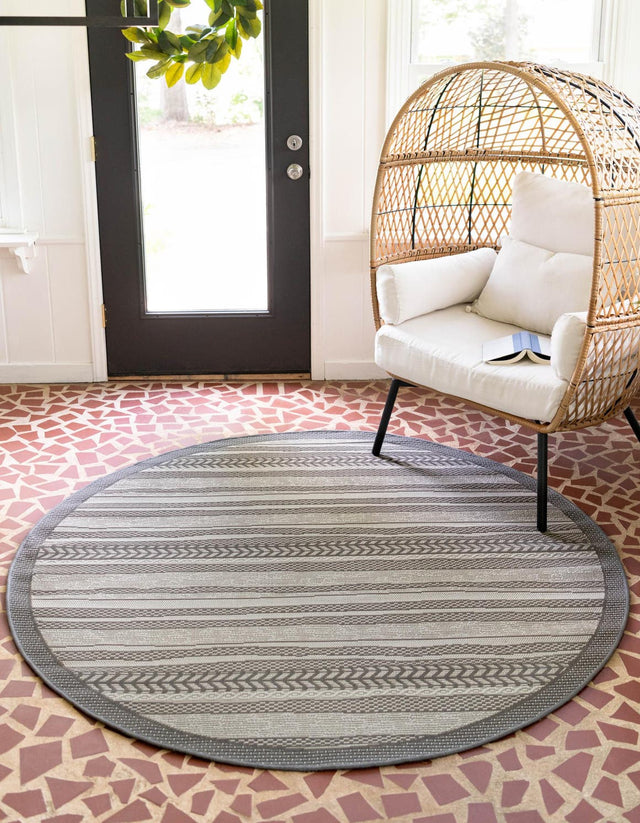Gray 6' 1 x 6' 1 Outdoor Border Round Area Rug Weather Resistant for Patio, Deck, Terrace, Balcony, Porch 100% Polypropylene Classic Bordered Carpet for Sale at Rug Engine