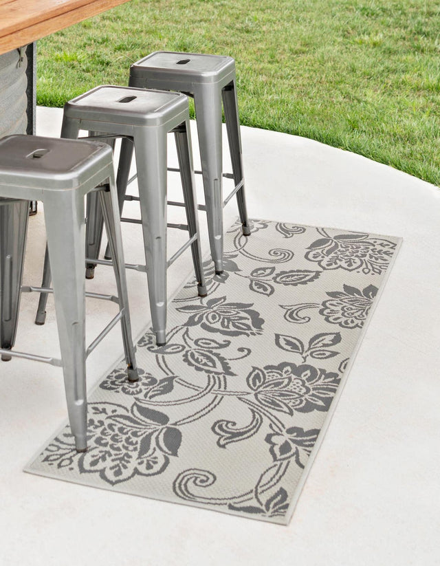 Gray 2' 2 x 6' 1 Outdoor Botanical Runner Area Rug Weather Resistant for Patio, Deck, Terrace, Balcony, Porch Polypropylene Garden Floral Tropical Carpet for Sale at Rug Engine