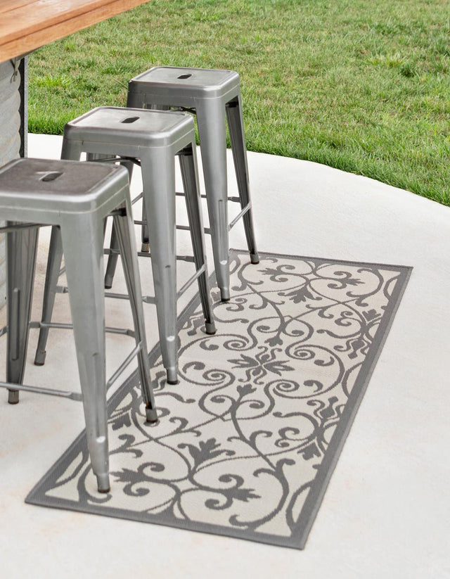 Gray 2' 2 x 6' 1 Outdoor Botanical Runner Area Rug Weather Resistant for Patio, Deck, Terrace, Balcony, Porch Polypropylene Garden Floral Tropical Carpet for Sale at Rug Engine