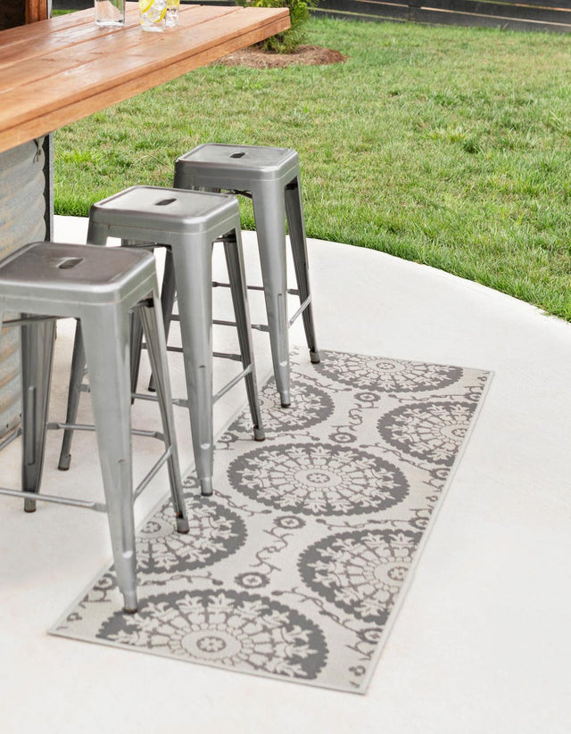 Gray 2' 2 x 6' 1 Outdoor Botanical Runner Area Rug Weather Resistant for Patio, Deck, Terrace, Balcony, Porch Polypropylene Garden Floral Tropical Carpet for Sale at Rug Engine
