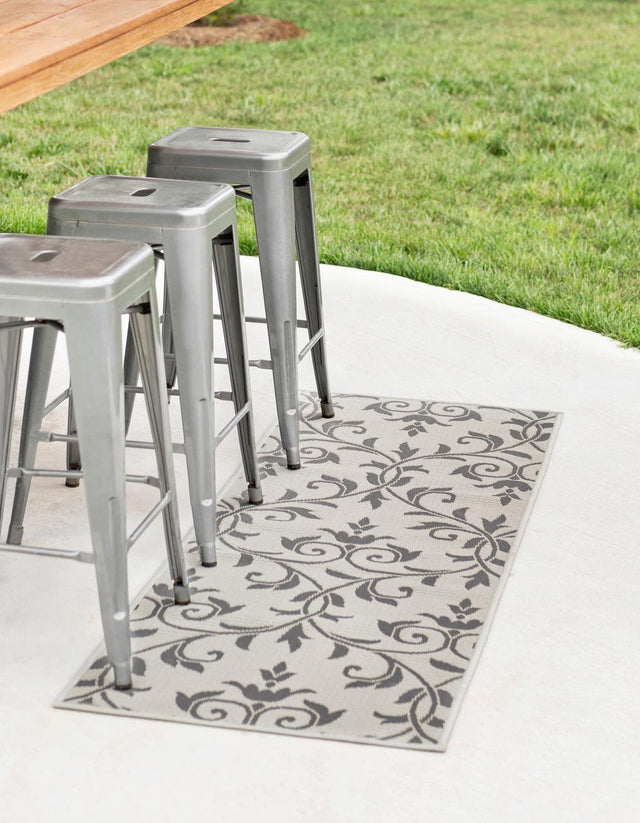 Gray 2' 2 x 6' 1 Outdoor Botanical Runner Area Rug Weather Resistant for Patio, Deck, Terrace, Balcony, Porch Polypropylene Garden Floral Tropical Carpet for Sale at Rug Engine