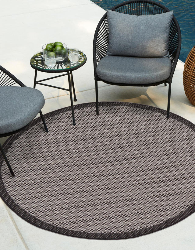 Gray 6' 1 x 6' 1 Outdoor Border Round Area Rug Weather Resistant for Patio, Deck, Terrace, Balcony, Porch 100% Polypropylene Classic Bordered Carpet for Sale at Rug Engine