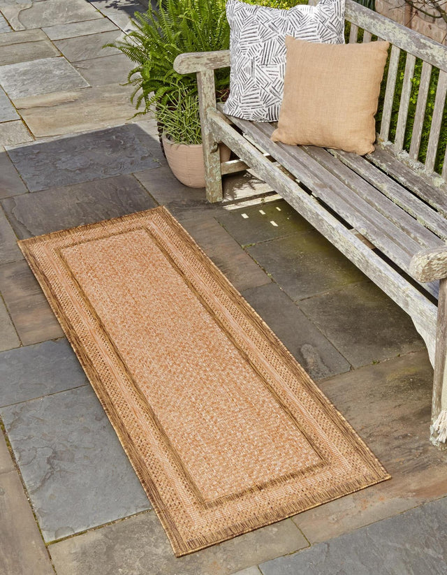 Tan 2' 2 x 6' 1 Outdoor Border Runner Area Rug Weather Resistant for Patio, Deck, Terrace, Balcony, Porch 100% Polypropylene Classic Bordered Carpet for Sale at Rug Engine