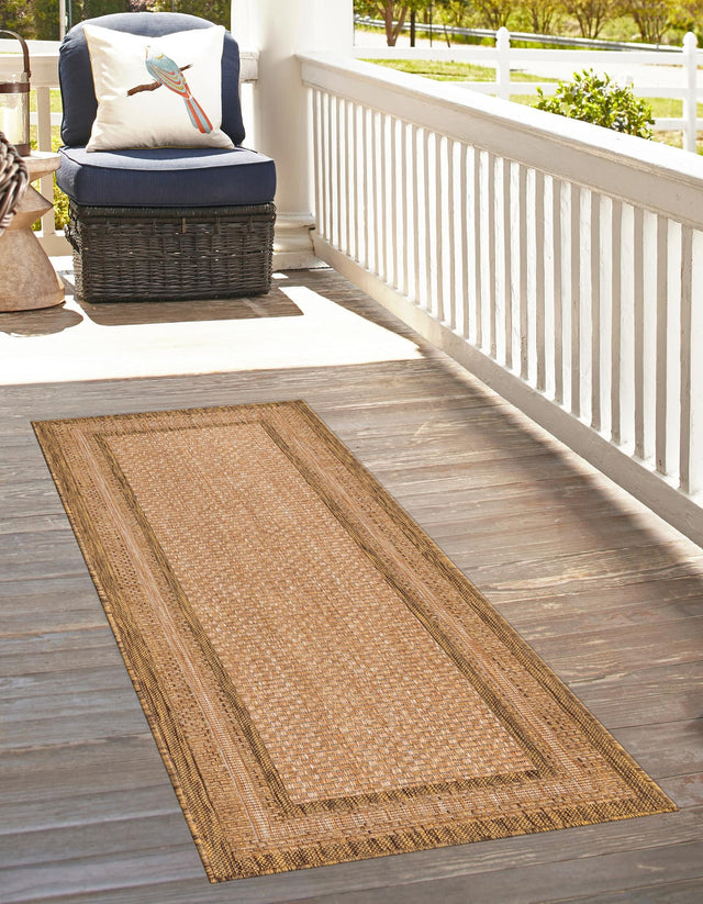 Tan 2' 2 x 6' 1 Outdoor Border Runner Area Rug Weather Resistant for Patio, Deck, Terrace, Balcony, Porch 100% Polypropylene Classic Bordered Carpet for Sale at Rug Engine