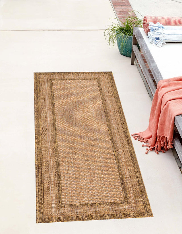Tan 2' 2 x 6' 1 Outdoor Border Runner Area Rug Weather Resistant for Patio, Deck, Terrace, Balcony, Porch 100% Polypropylene Classic Bordered Carpet for Sale at Rug Engine