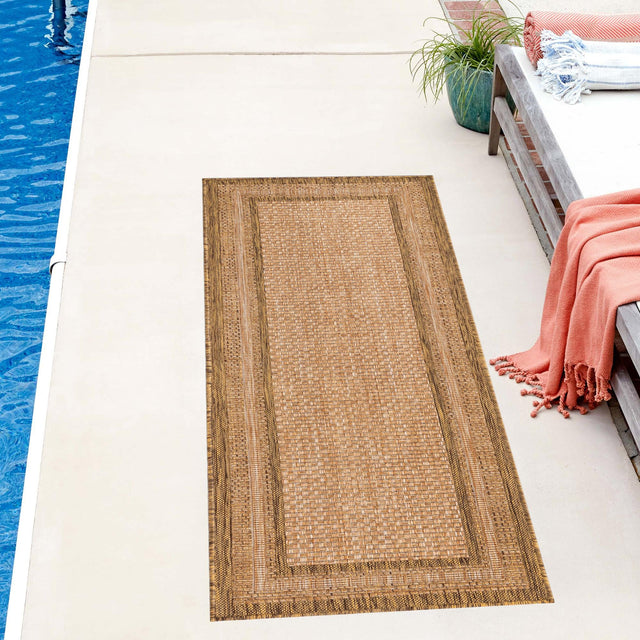 Tan 2' 2 x 6' 1 Outdoor Border Runner Area Rug Weather Resistant for Patio, Deck, Terrace, Balcony, Porch 100% Polypropylene Classic Bordered Carpet for Sale at Rug Engine
