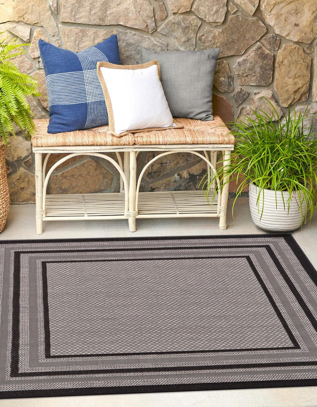 Gray 6' x 6' Outdoor Border Square Area Rug Weather Resistant for Patio, Deck, Terrace, Balcony, Porch 100% Polypropylene Classic Bordered Carpet for Sale at Rug Engine