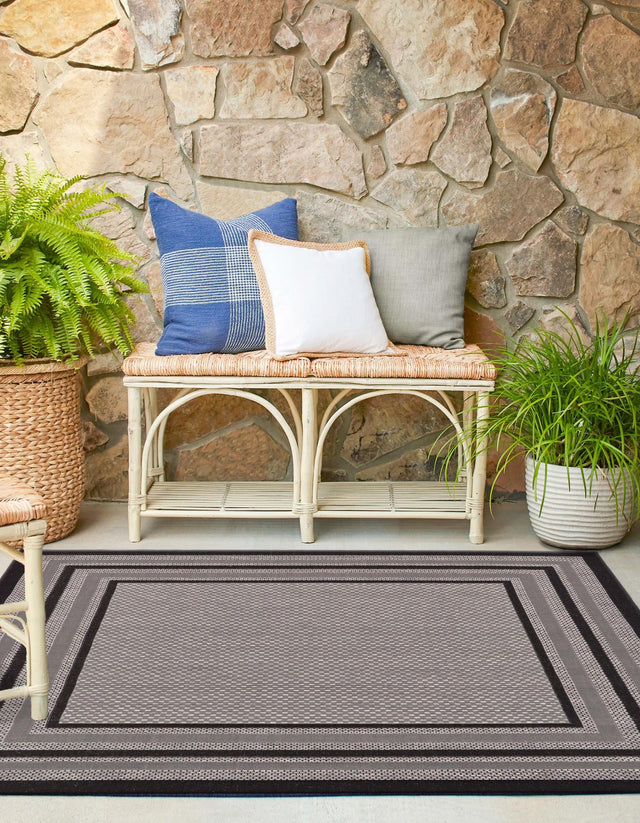 Gray 5' 3 x 5' 3 Outdoor Border Square Area Rug Weather Resistant for Patio, Deck, Terrace, Balcony, Porch 100% Polypropylene Classic Bordered Carpet for Sale at Rug Engine