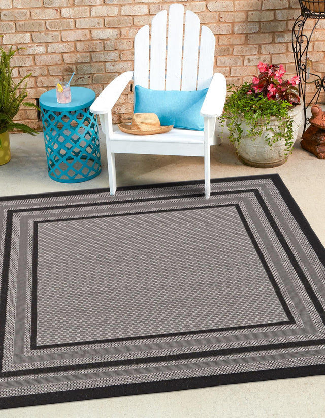 Gray 6' x 6' Outdoor Border Square Area Rug Weather Resistant for Patio, Deck, Terrace, Balcony, Porch 100% Polypropylene Classic Bordered Carpet for Sale at Rug Engine