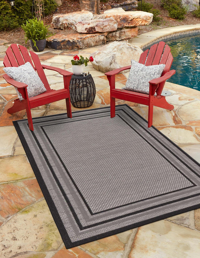 Gray 3' 3 x 5' Outdoor Border Rectangle Area Rug Weather Resistant for Patio, Deck, Terrace, Balcony, Porch