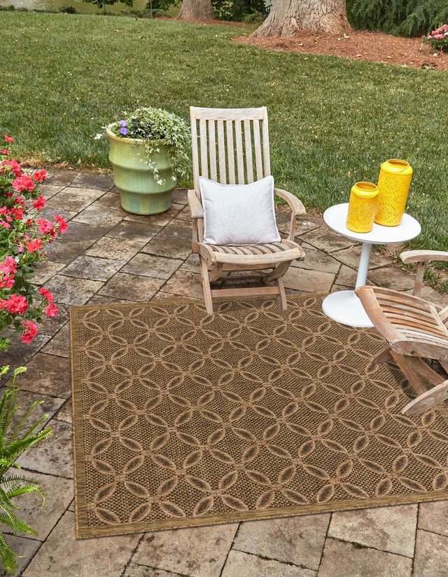 Light Brown 6' 1 x 6' 1 Outdoor Trellis Square Area Rug Weather Resistant for Patio, Deck, Terrace, Balcony, Porch Geometric Design Water Safe Outside Carpet for Sale at Rug Engine
