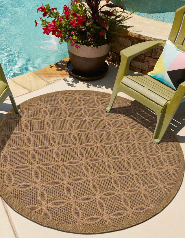 Light Brown 6' x 6' Outdoor Trellis Round Area Rug Weather Resistant for Patio, Deck, Terrace, Balcony, Porch Geometric Design Water Safe Outside Carpet for Sale at Rug Engine