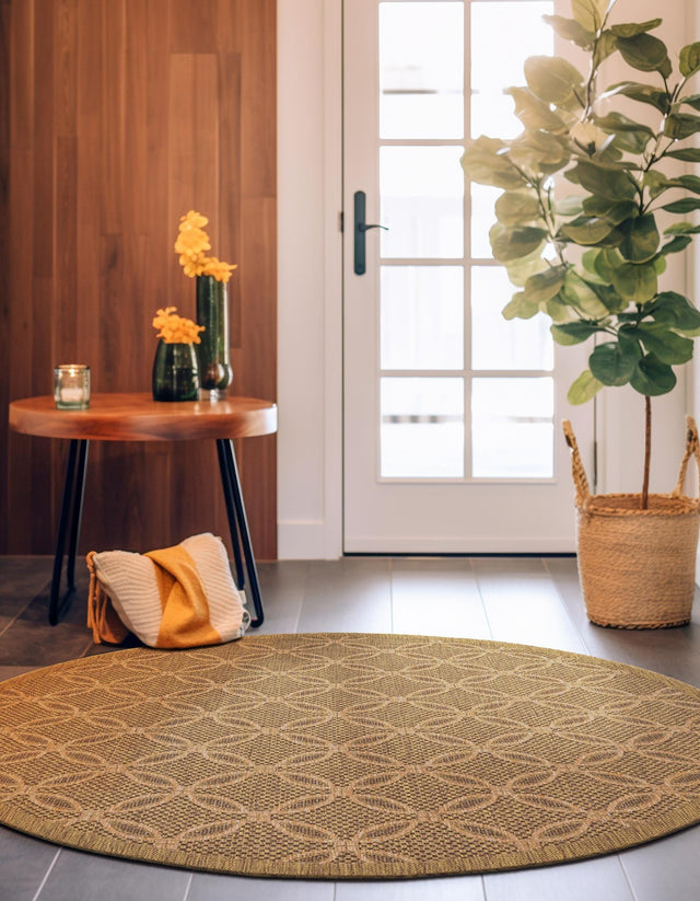 Light Brown 6' x 6' Outdoor Trellis Round Area Rug Weather Resistant for Patio, Deck, Terrace, Balcony, Porch Geometric Design Water Safe Outside Carpet for Sale at Rug Engine