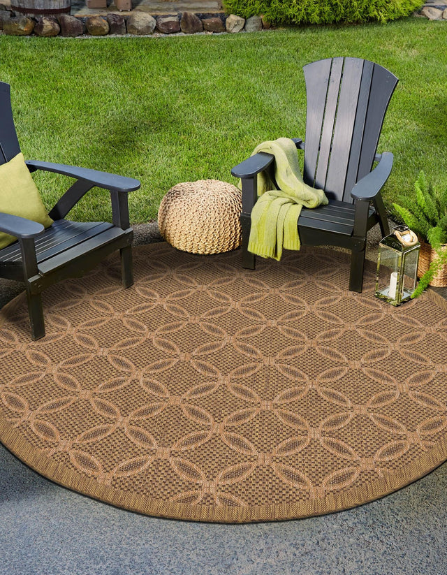 Light Brown 6' x 6' Outdoor Trellis Round Area Rug Weather Resistant for Patio, Deck, Terrace, Balcony, Porch Geometric Design Water Safe Outside Carpet for Sale at Rug Engine