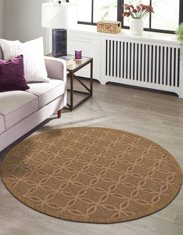 Light Brown 6' x 6' Outdoor Trellis Round Area Rug Weather Resistant for Patio, Deck, Terrace, Balcony, Porch Geometric Design Water Safe Outside Carpet for Sale at Rug Engine