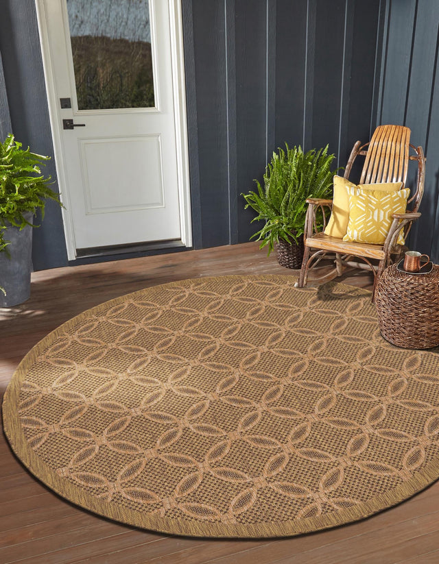 Light Brown 6' x 6' Outdoor Trellis Round Area Rug Weather Resistant for Patio, Deck, Terrace, Balcony, Porch Geometric Design Water Safe Outside Carpet for Sale at Rug Engine