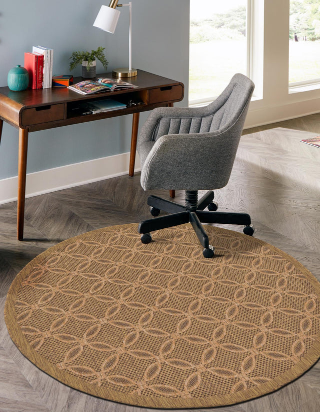 Light Brown 6' x 6' Outdoor Trellis Round Area Rug Weather Resistant for Patio, Deck, Terrace, Balcony, Porch Geometric Design Water Safe Outside Carpet for Sale at Rug Engine