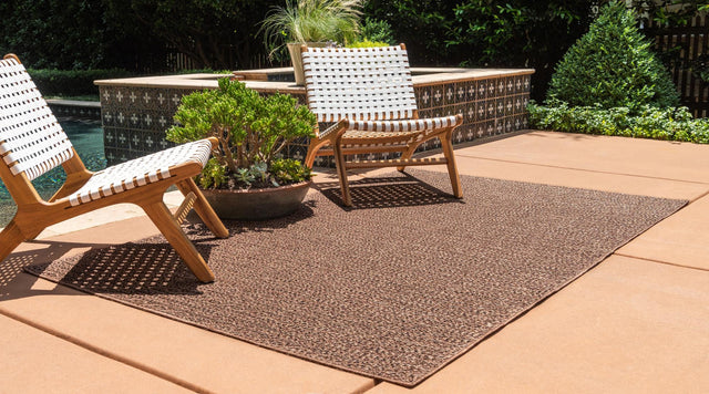 Brown 5' 3 x 8' Outdoor Modern Rectangle Area Rug Weather Resistant for Patio, Deck, Terrace, Balcony, Porch 100% Polypropylene Modern Outside Carpet for Sale at Rug Engine