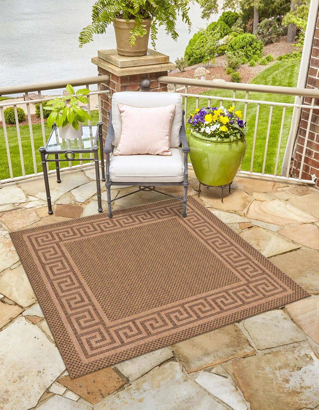 Brown 6' 1 x 6' 1 Outdoor Border Square Area Rug Weather Resistant for Patio, Deck, Terrace, Balcony, Porch 100% Polypropylene Classic Bordered Carpet for Sale at Rug Engine