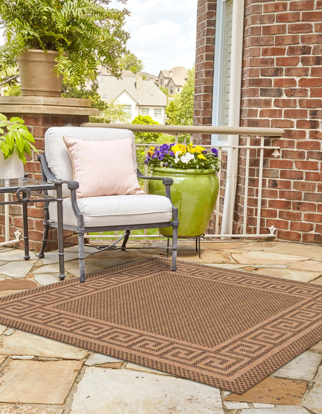 Brown 6' 1 x 6' 1 Outdoor Border Square Area Rug Weather Resistant for Patio, Deck, Terrace, Balcony, Porch 100% Polypropylene Classic Bordered Carpet for Sale at Rug Engine