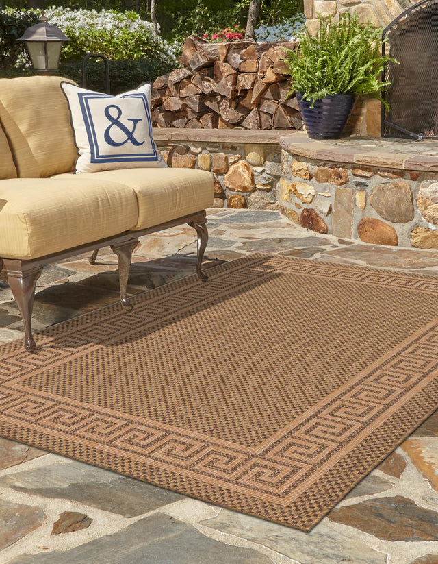 Brown 8' x 11' 4 Outdoor Border Rectangle Area Rug Weather Resistant for Patio, Deck, Terrace, Balcony, Porch 100% Polypropylene Classic Bordered Carpet for Sale at Rug Engine