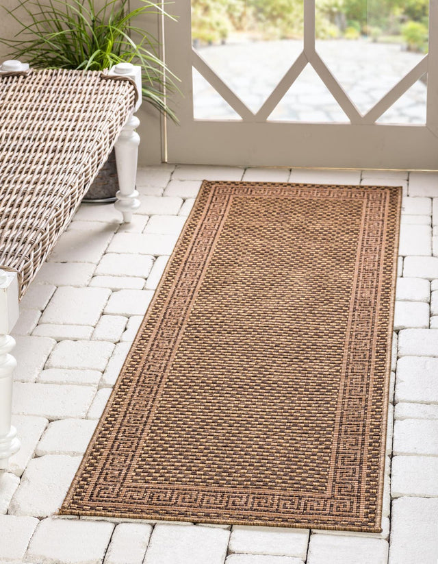 Brown 2' x 6' 1 Outdoor Border Runner Area Rug Weather Resistant for Patio, Deck, Terrace, Balcony, Porch 100% Polypropylene Classic Bordered Carpet for Sale at Rug Engine