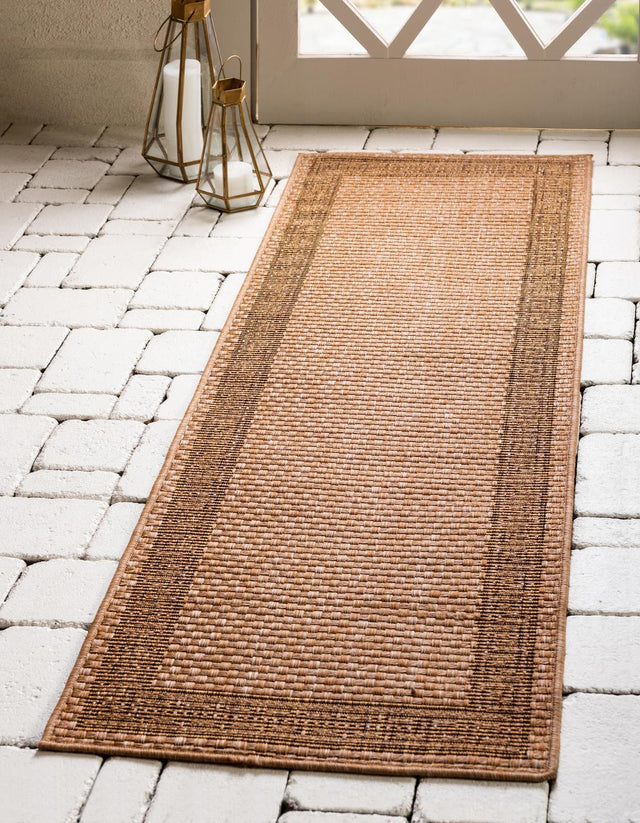 Light Brown 2' x 6' 1 Outdoor Border Runner Area Rug Weather Resistant for Patio, Deck, Terrace, Balcony, Porch 100% Polypropylene Classic Bordered Carpet for Sale at Rug Engine