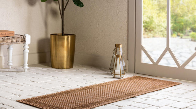 Light Brown 2' x 6' 1 Outdoor Border Runner Area Rug Weather Resistant for Patio, Deck, Terrace, Balcony, Porch 100% Polypropylene Classic Bordered Carpet for Sale at Rug Engine