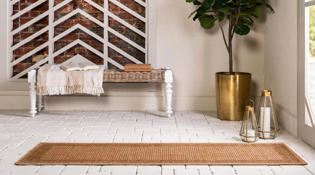 Light Brown 2' x 6' 1 Outdoor Border Runner Area Rug Weather Resistant for Patio, Deck, Terrace, Balcony, Porch 100% Polypropylene Classic Bordered Carpet for Sale at Rug Engine