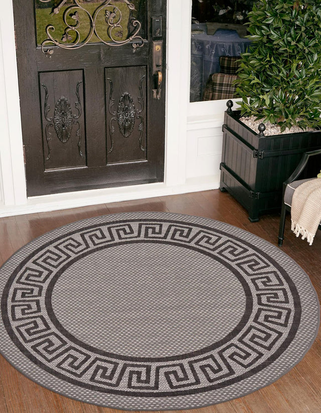 Gray 6' x 6' Outdoor Border Round Area Rug Weather Resistant for Patio, Deck, Terrace, Balcony, Porch 100% Polypropylene Classic Bordered Carpet for Sale at Rug Engine