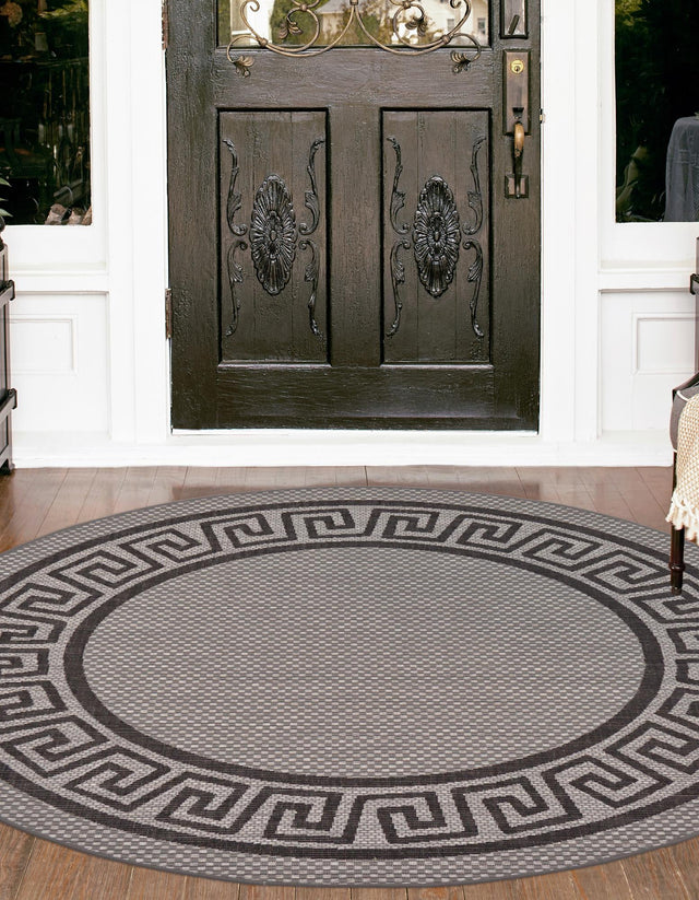 Gray 6' x 6' Outdoor Border Round Area Rug Weather Resistant for Patio, Deck, Terrace, Balcony, Porch 100% Polypropylene Classic Bordered Carpet for Sale at Rug Engine