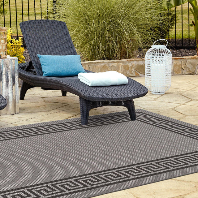 Gray 6' 1 x 9' Outdoor Border Rectangle Area Rug Weather Resistant for Patio, Deck, Terrace, Balcony, Porch 100% Polypropylene Classic Bordered Carpet for Sale at Rug Engine