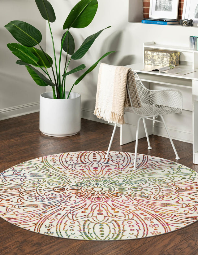 Ivory 6' 1 x 6' 1 Lyon Round Area Rug Vivid Colorful Abstract Modern 100% Polypropylene Carpet for Living Room, Dining, Office for Sale at Rug Engine