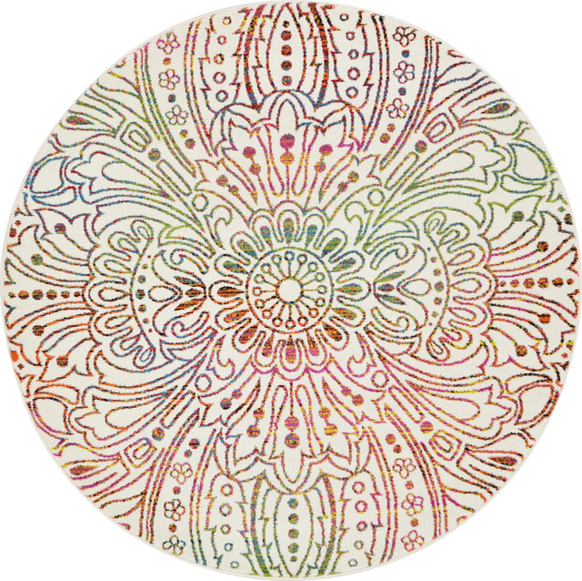 Ivory 6' 1 x 6' 1 Lyon Round Area Rug Vivid Colorful Abstract Modern 100% Polypropylene Carpet for Living Room, Dining, Office for Sale at Rug Engine